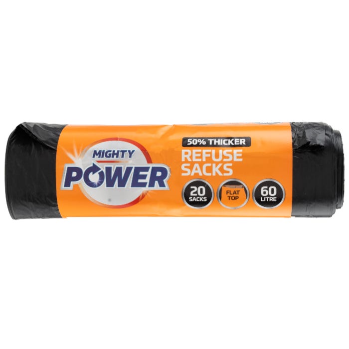 Mighty Power Extra Strong Flat Top Refuse Sacks 60L (Pack of 20)