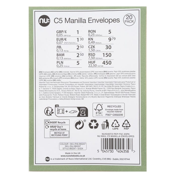 Nu Mail C5 Manilla Envelopes, (Pack Of 20)