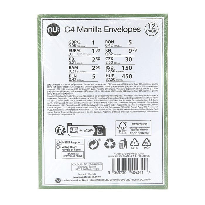 Nu Mail C4 Manilla Envelopes (Pack of 12)