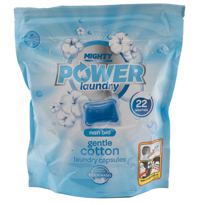 Mighty Power Laundry Capsules, Non Bio - Gentle Cotton (Pack of 22)